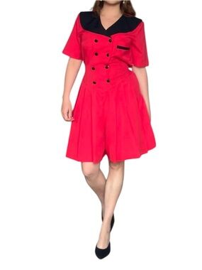 Vintage-Inspired Red Dress with Navy Collar
